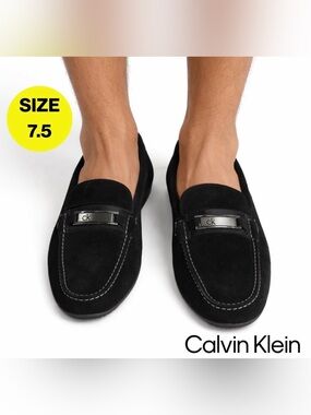 CALVIN KLEIN 🖤 Black Suede Slip-On Loafers, Metal Logo (Men’s Size 7.5)